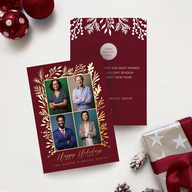 Carte De Vœux En Aluminium Joyeuses Festive Holly Team Photos Affaires (Créateur téléchargé)
