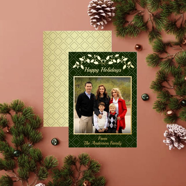 Carte De Vœux En Aluminium Joyeuses Fêtes Famille Nom photo Vert Or (Créateur téléchargé)