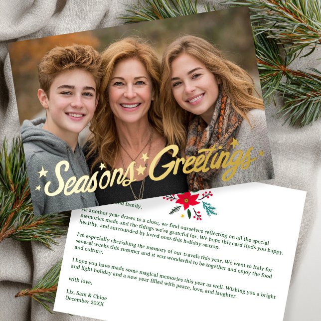 Carte De Vœux En Aluminium JOYEUSES FÊTES - Script à main - photo personnalis (SEASONS GREETINGS Hand-Drawn Script CUSTOM Photo GOLD Foil Holiday Card
)