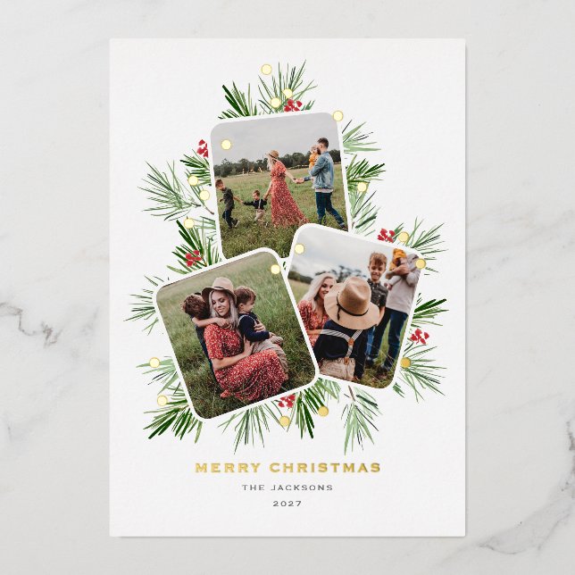 Carte De Vœux En Aluminium Joyeux arbre de Noël Multi Photo (Recto)
