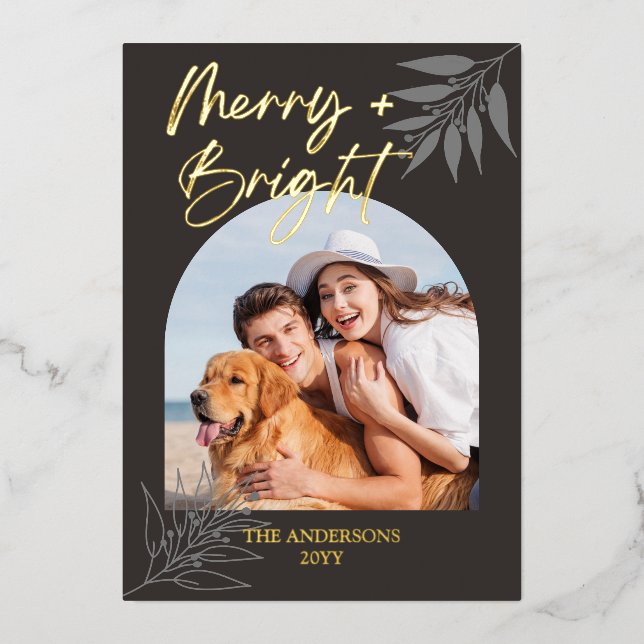 Carte De Vœux En Aluminium Joyeux Bright Élégant Script Arch 4 Photo Noël (Devant)