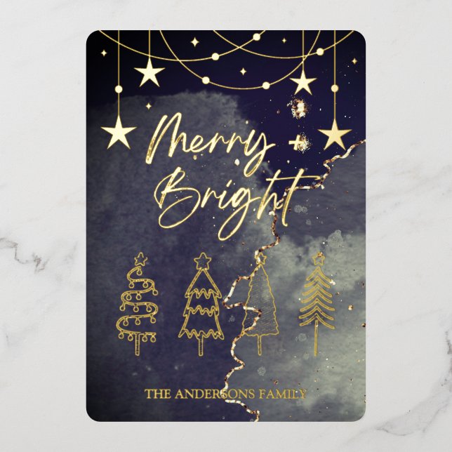 Carte De Vœux En Aluminium Joyeux Bright Élégant Script Pine Arbres Noël (Recto)