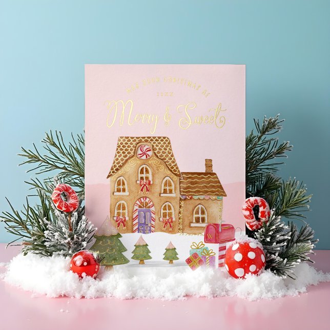 Carte De Vœux En Aluminium Joyeux & Doux Aquarelle Pain d'épices Village de b (Merry & Sweet Watercolor Gingerbread Candy Village Foil Holiday Card)