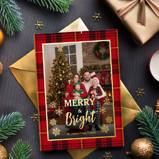 Carte De Vœux En Aluminium Joyeux et Lumineux Plaid Tartan Rouge de Noël Phot