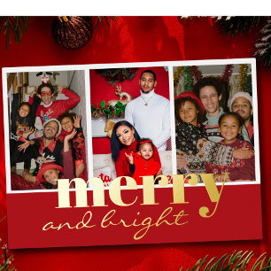 Carte De Vœux En Aluminium Joyeux et lumineux Trois Photo Rouge et or