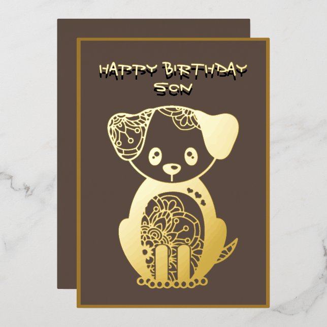 Carte De Vœux En Aluminium Joyeux Fils Anniversaire Gold Puppy Chien (Recto/Verso)