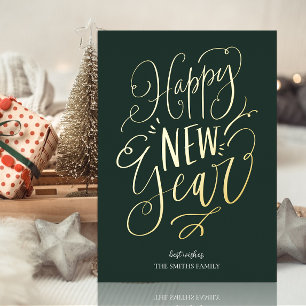 Carte De Vœux En Aluminium Joyeux Jour de l'An Vert Gold Script moderne non p
