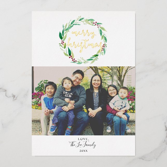 Carte De Vœux En Aluminium Joyeux Noël 1 Photo Couronne Aquarelle Chic (Recto)