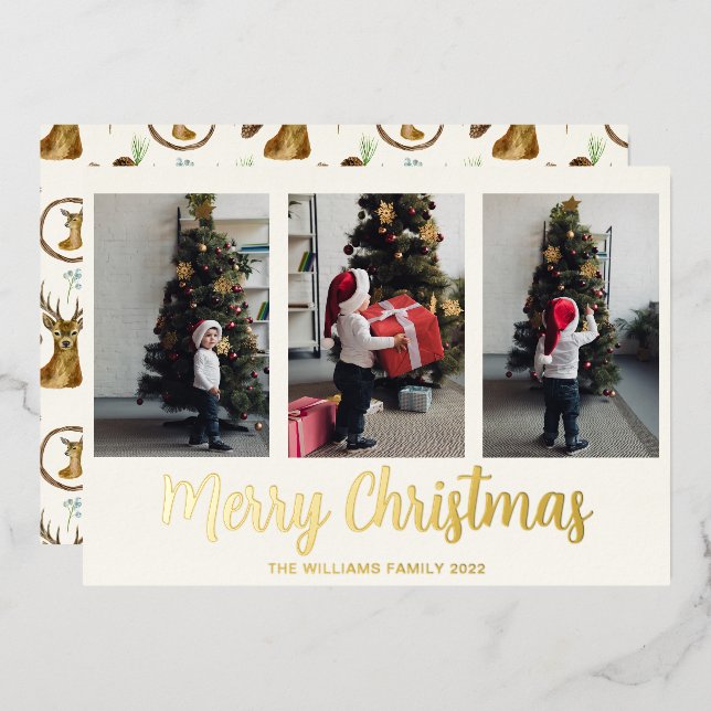 Carte De Vœux En Aluminium Joyeux Noël 3 Photo Collage Real Gold (Recto/Verso)