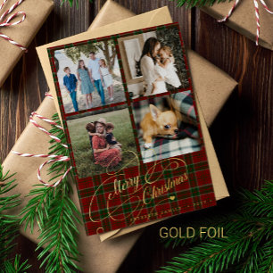 Carte De Vœux En Aluminium Joyeux Noël 4 photo collage script rouge tartan