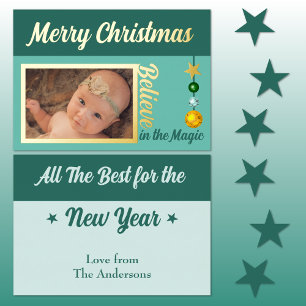 Carte De Vœux En Aluminium Joyeux Noël ajoutez photo boules étoiles vert réel