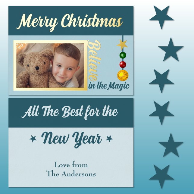 Carte De Vœux En Aluminium Joyeux Noël ajoutez une photo boules étoiles bleu  (Créateur téléchargé)