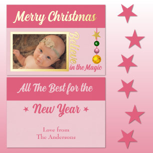 Carte De Vœux En Aluminium Joyeux Noël ajoutez une photo boules étoiles rose 