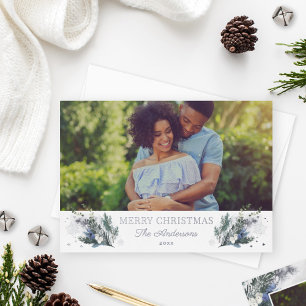 Carte De Vœux En Aluminium Joyeux Noël Argent Bleu Vert Hiver Floral