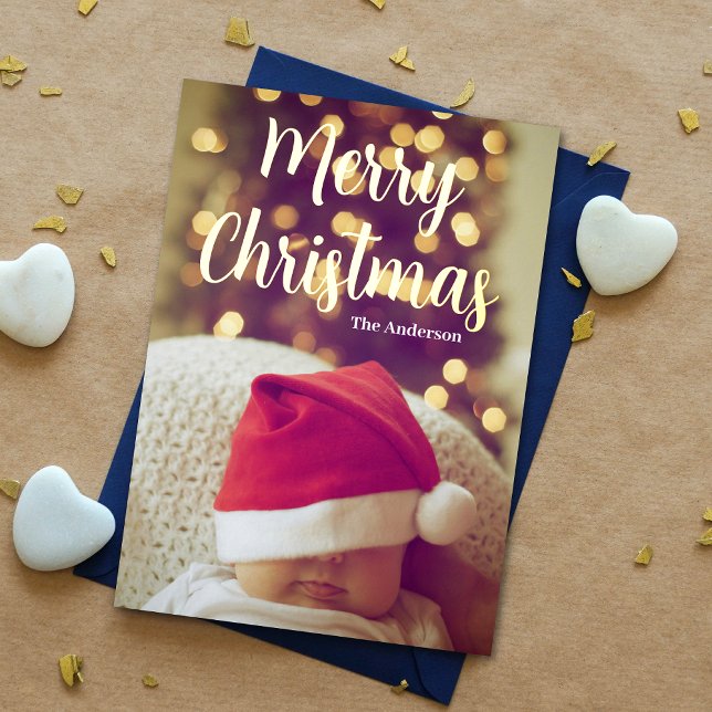 Carte De Vœux En Aluminium Joyeux Noël bébé photo Real Gold (Enhance holiday wishes with our photo card, featuring "Merry Christmas" in gold foil for added charm)