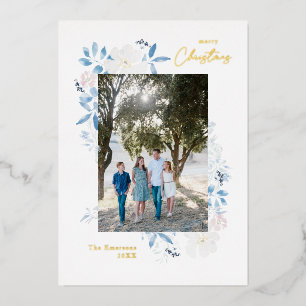 Carte De Vœux En Aluminium Joyeux Noël bleu aquarelle Fleur Cadre Lumière