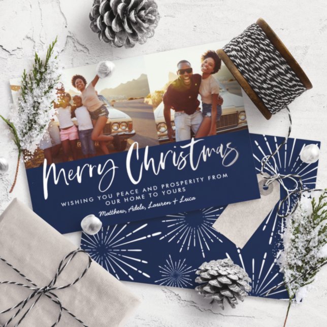 Carte De Vœux En Aluminium Joyeux Noël bleu et blanc multi photo (Créateur téléchargé)