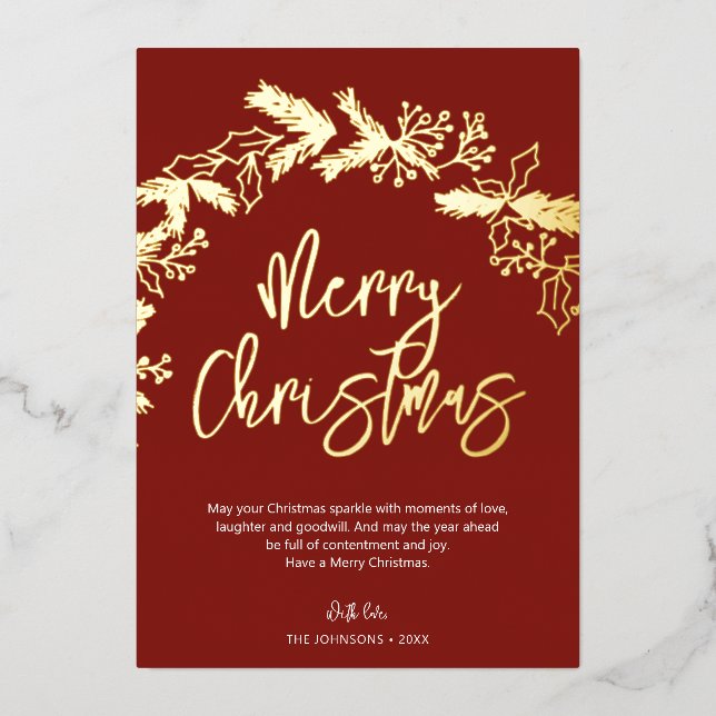 Carte De Vœux En Aluminium Joyeux Noël Brush Script Berry Feuilles Rouge (Recto)