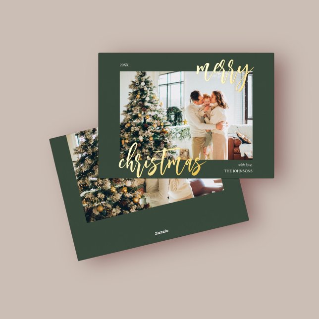 Carte De Vœux En Aluminium Joyeux Noël Brush Script photo vert (Créateur téléchargé)