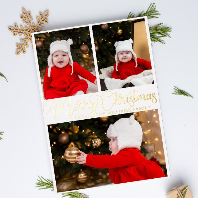 Carte De Vœux En Aluminium Joyeux Noël Élégant Script 3 Famille Photo Gold (Créateur téléchargé)