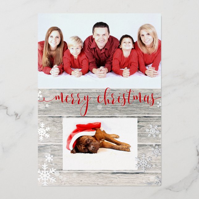 Carte De Vœux En Aluminium Joyeux Noël en bois rustique Snowflakes Script (Recto)