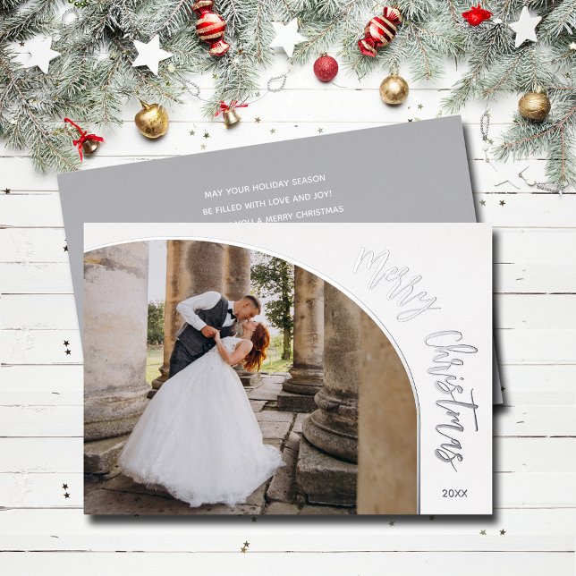 Carte De Vœux En Aluminium Joyeux Noël en écriture argentée (Merry Christmas REAL silver foil holiday photo cards)