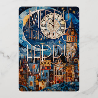 Carte De Vœux En Aluminium Joyeux Noël et Bonne Année Horloge de Lune de Vill
