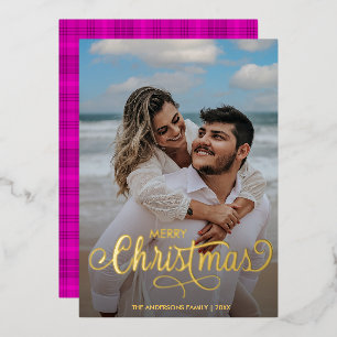 Carte De Vœux En Aluminium Joyeux Noël Famille Nom photo Pink Tartan