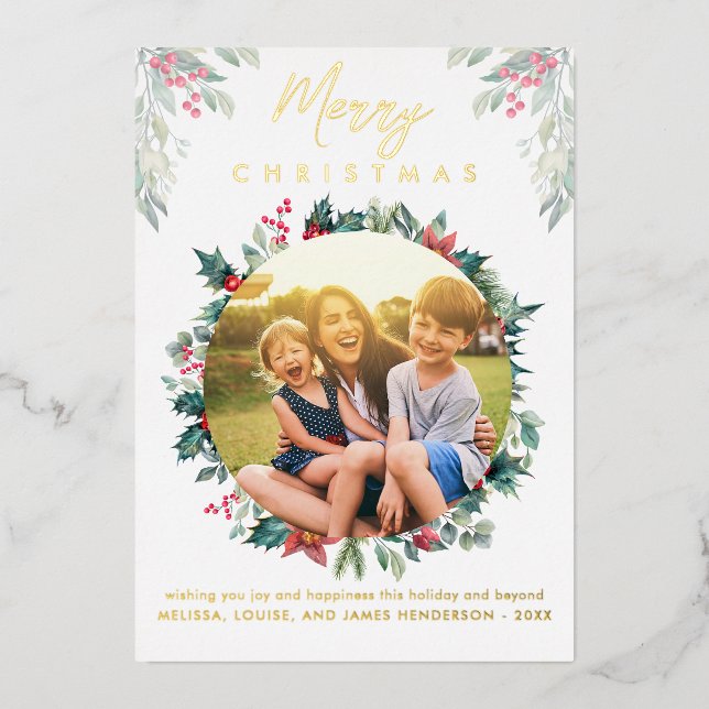 Carte De Vœux En Aluminium Joyeux Noël Famille Photo Botanique (Recto)