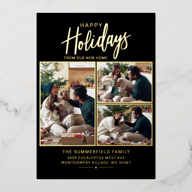 Carte De Vœux En Aluminium Joyeux Noël Famille Photo Collage Moving Gold (Recto)