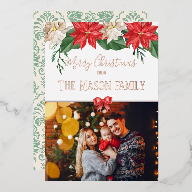 Carte De Vœux En Aluminium Joyeux Noël Famille Photo Florale Moderne (Recto/Verso)