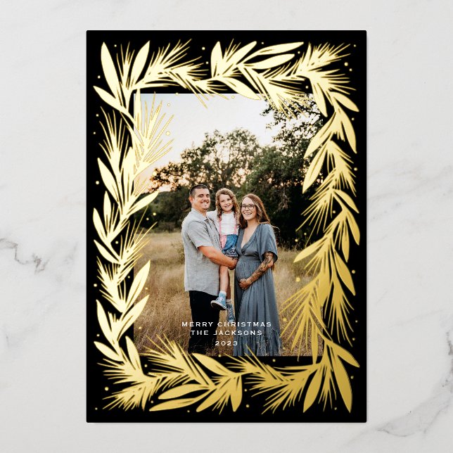 Carte De Vœux En Aluminium Joyeux Noël Golden Wreath Black (Recto)