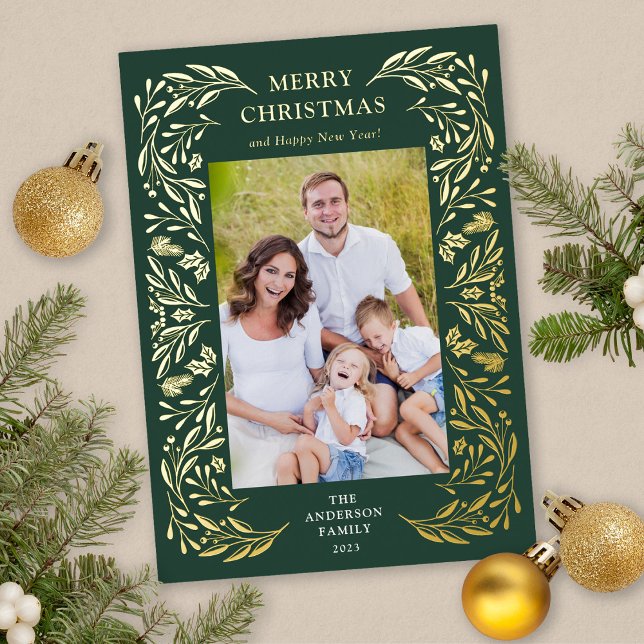 Carte De Vœux En Aluminium Joyeux Noël hiver verdure Photo Or (Gold Foil Christmas Card)