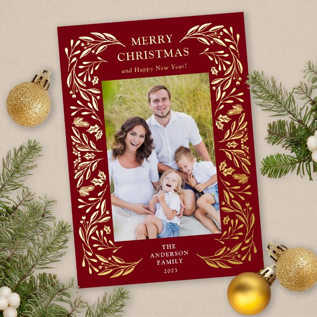 Carte De Vœux En Aluminium Joyeux Noël hiver verdure Photo Or (Gold Foil Christmas Card)