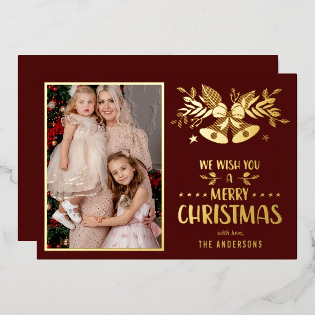Carte De Vœux En Aluminium Joyeux Noël Jaune Photo de la famille (Recto/Verso)