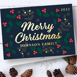 Carte De Vœux En Aluminium Joyeux Noël Moderne Baies de houx Feuillage