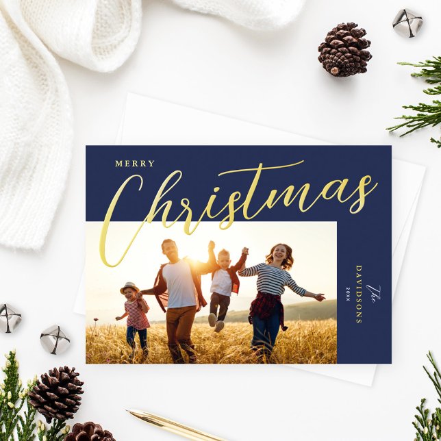 Carte De Vœux En Aluminium Joyeux Noël Moderne Blue Gold Script Photo (Créateur téléchargé)