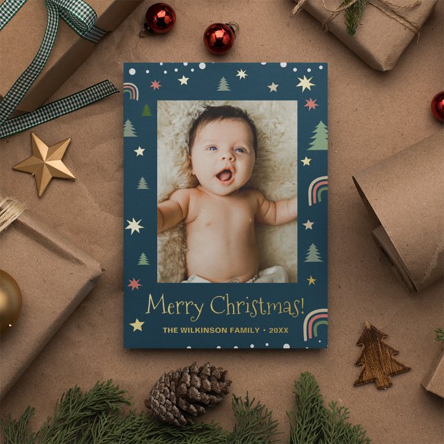 Carte De Vœux En Aluminium Joyeux Noël Moderne Scandi Bleu Photo personnalisé (Merry Christmas Blue and real gold foil Modern Photo greeting card.)