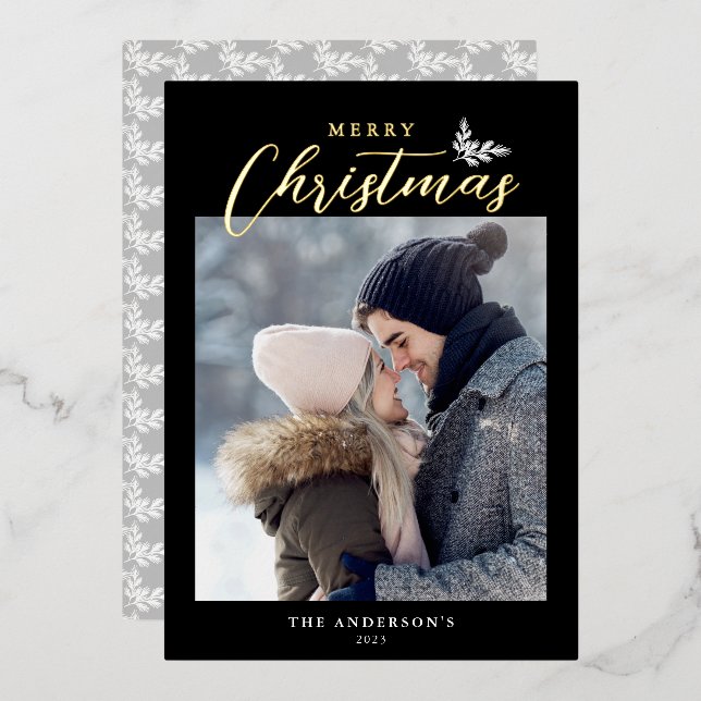 Carte De Vœux En Aluminium Joyeux Noël moderne Script photo Black Gold (Recto/Verso)