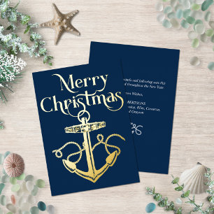 Carte De Vœux En Aluminium Joyeux Noël Nautique Ancre Marine Or