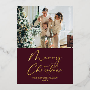 Carte De Vœux En Aluminium Joyeux Noël photo Bourgogne rouge avec or
