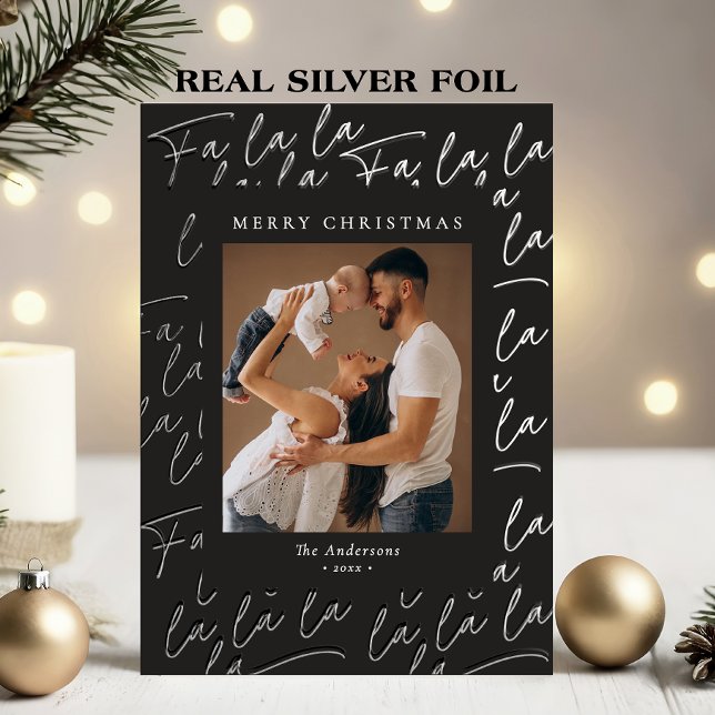 Carte De Vœux En Aluminium Joyeux Noël Photo Écriture Élégante Argent Réel (Créateur téléchargé)