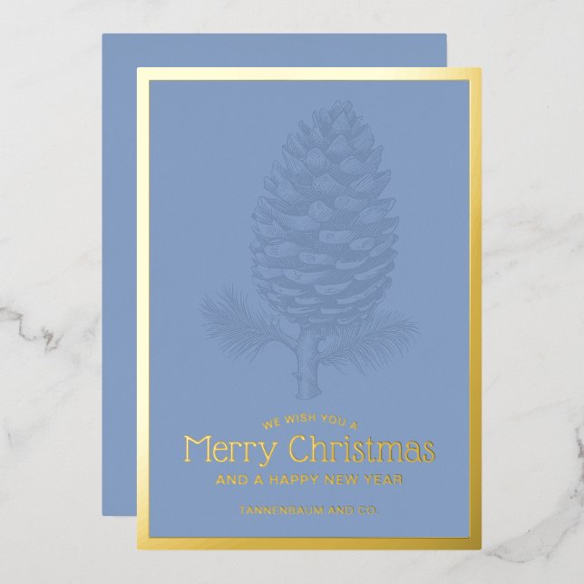 Carte De Vœux En Aluminium Joyeux Noël Pinecone Moderne Bleu Entreprise (Recto/Verso)