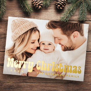 Carte De Vœux En Aluminium Joyeux Noël rétro police pin vert photo