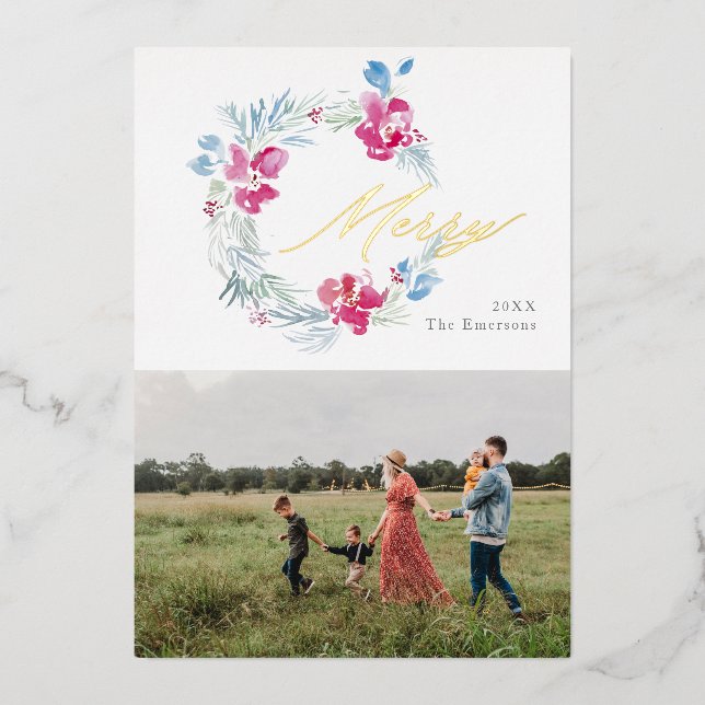 Carte De Vœux En Aluminium Joyeux Noël rose bleu aquarelle Fleur Wreath (Recto)