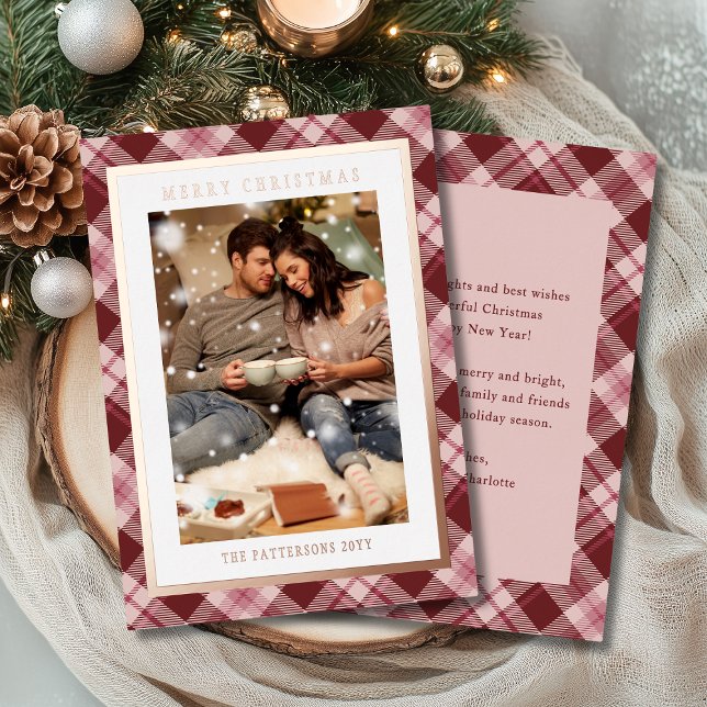 Carte De Vœux En Aluminium Joyeux Noël rose rouge Tartan Photo (Créateur téléchargé)