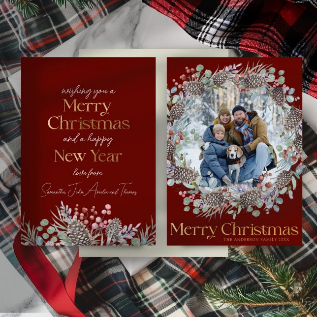 Carte De Vœux En Aluminium Joyeux Noël Rouge & Gold Famille Photo (Créateur téléchargé)