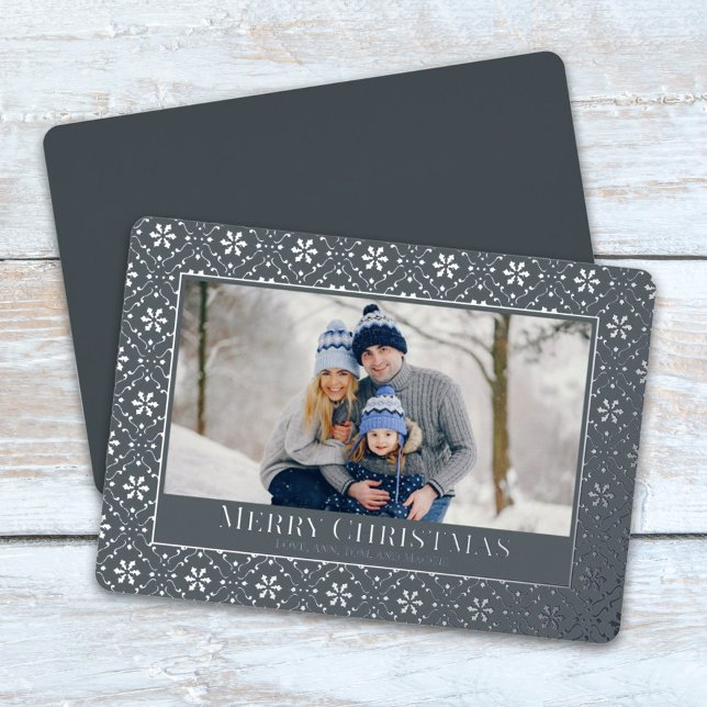 Carte De Vœux En Aluminium Joyeux Noël Snowflake Elegant Silver 1 Photo (Elegant silver foil Holiday photo card.)