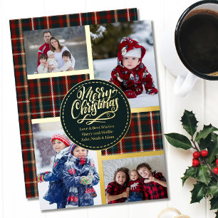 Carte De Vœux En Aluminium Joyeux Noël Tartan Plaid 4 Photo Collage Or