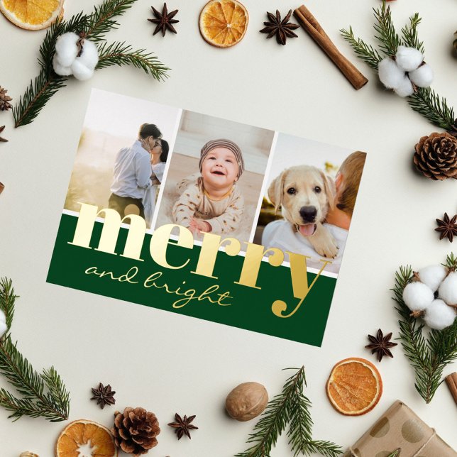 Carte De Vœux En Aluminium Joyeux Noël Vert Élégant Trois Photos (Créateur téléchargé)
